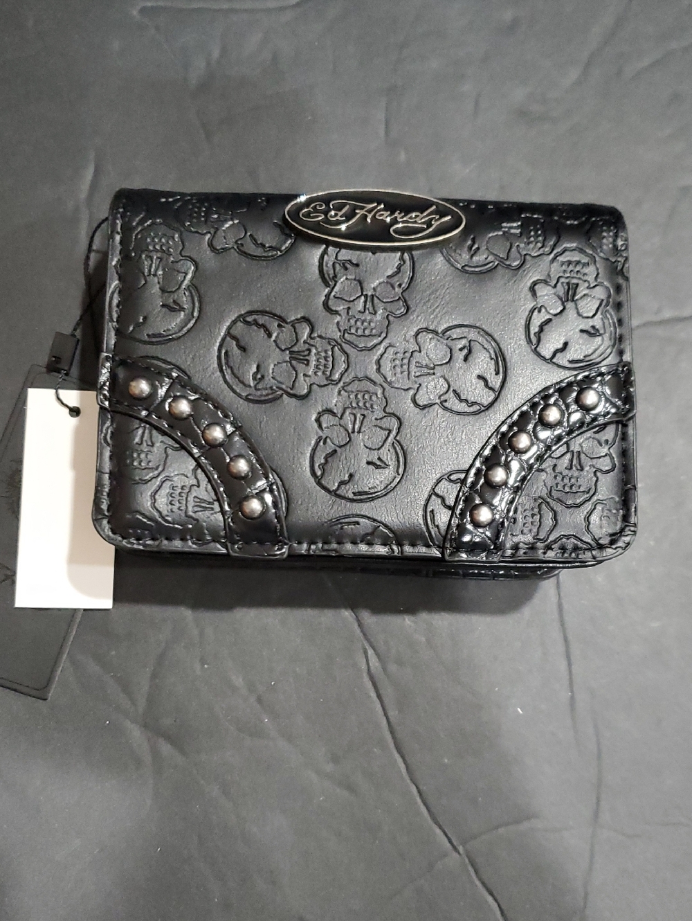 Ed Hardy black skull embossed printed mini crossbody bag wallet on a chain new